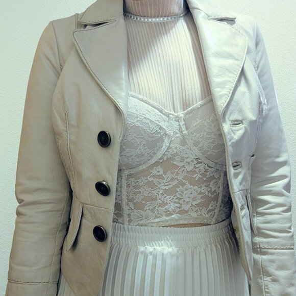 NWT Y2K Genuine Leather Wilson Leather Jacket Cream Size XS - Picture 2 of 16